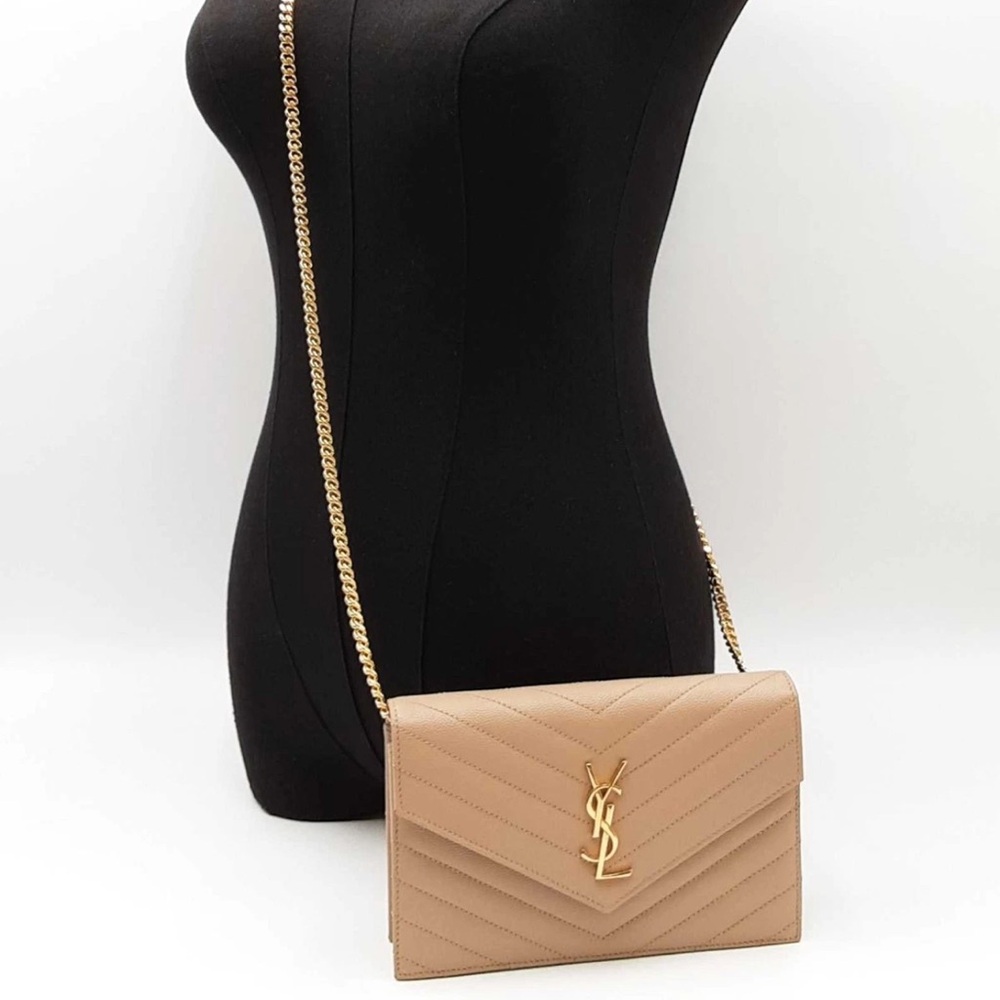 Yves Saint Laurent Monogram small wallet on chain-Grained Leather